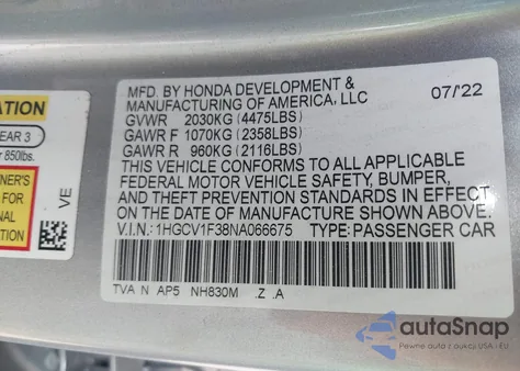 2022 Honda Accord Sport из США, поврежденный, VIN 1HGCV1F38NA066675